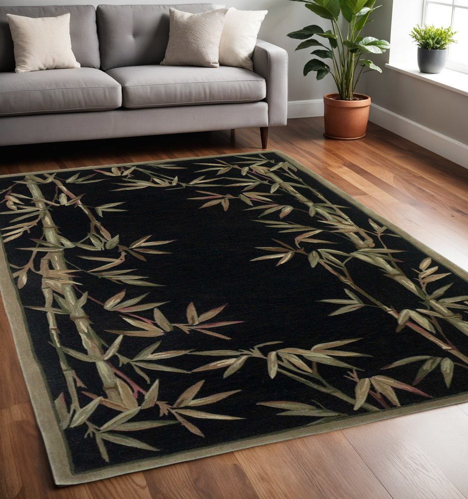 10' Black Green And Brown Wool Tropical Botanical Hand Tufted Runner Rug