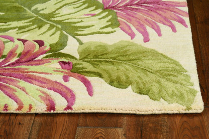 10' Beige Green And Pink Wool Botanical Leaves Hand Tufted Runner Rug