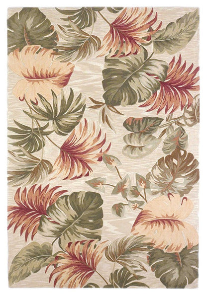 10' Beige Green And Pink Wool Botanical Leaves Hand Tufted Runner Rug