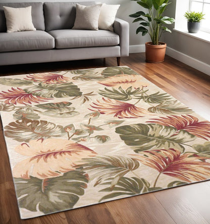 10' Beige Green And Pink Wool Botanical Leaves Hand Tufted Runner Rug