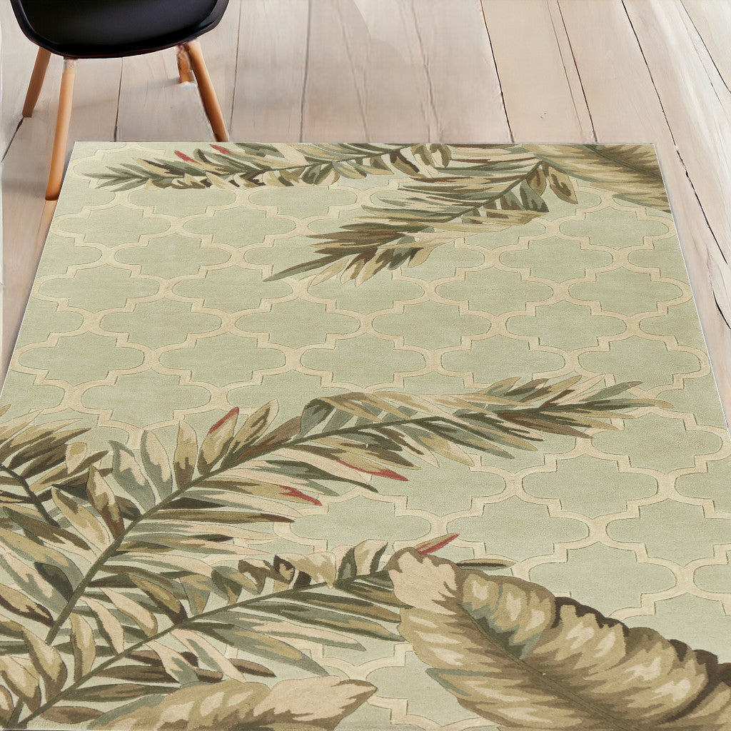 9' X 12' Sage Green Hand Tufted Tropical Quatrefoil Indoor Area Rug