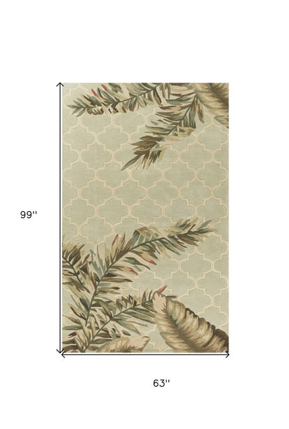 8' X 10' Sage Taupe And Green Wool Tropical Botanical Hand Tufted Area Rug