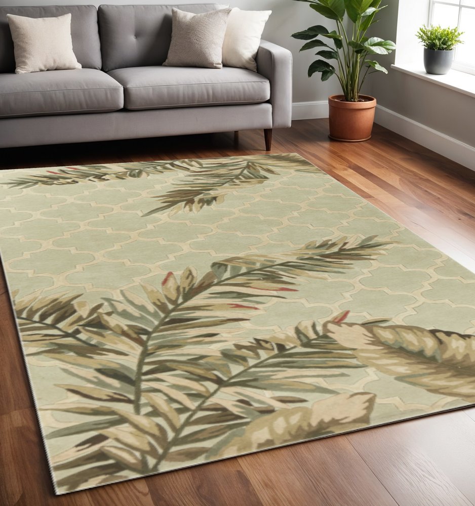 8' X 10' Sage Taupe And Green Wool Tropical Botanical Hand Tufted Area Rug