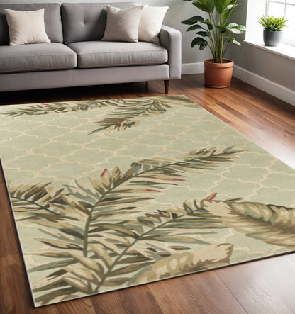 8' X 10' Sage Taupe And Green Wool Tropical Botanical Hand Tufted Area Rug