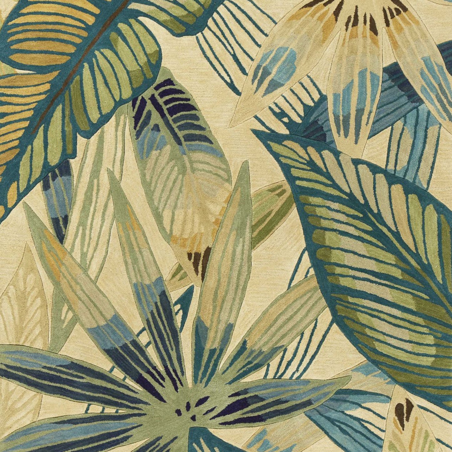 8' X 10' Ivory Teal Hand Tufted Tropical Leaves Indoor Area Rug