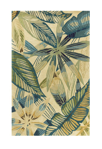 8' X 10' Ivory Teal And Green Wool Tropical Botanical Hand Tufted Area Rug