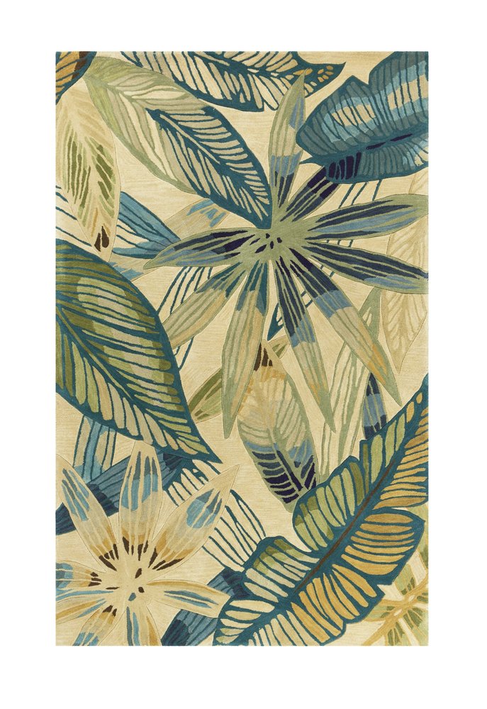 8' X 10' Ivory Teal And Green Wool Tropical Botanical Hand Tufted Area Rug