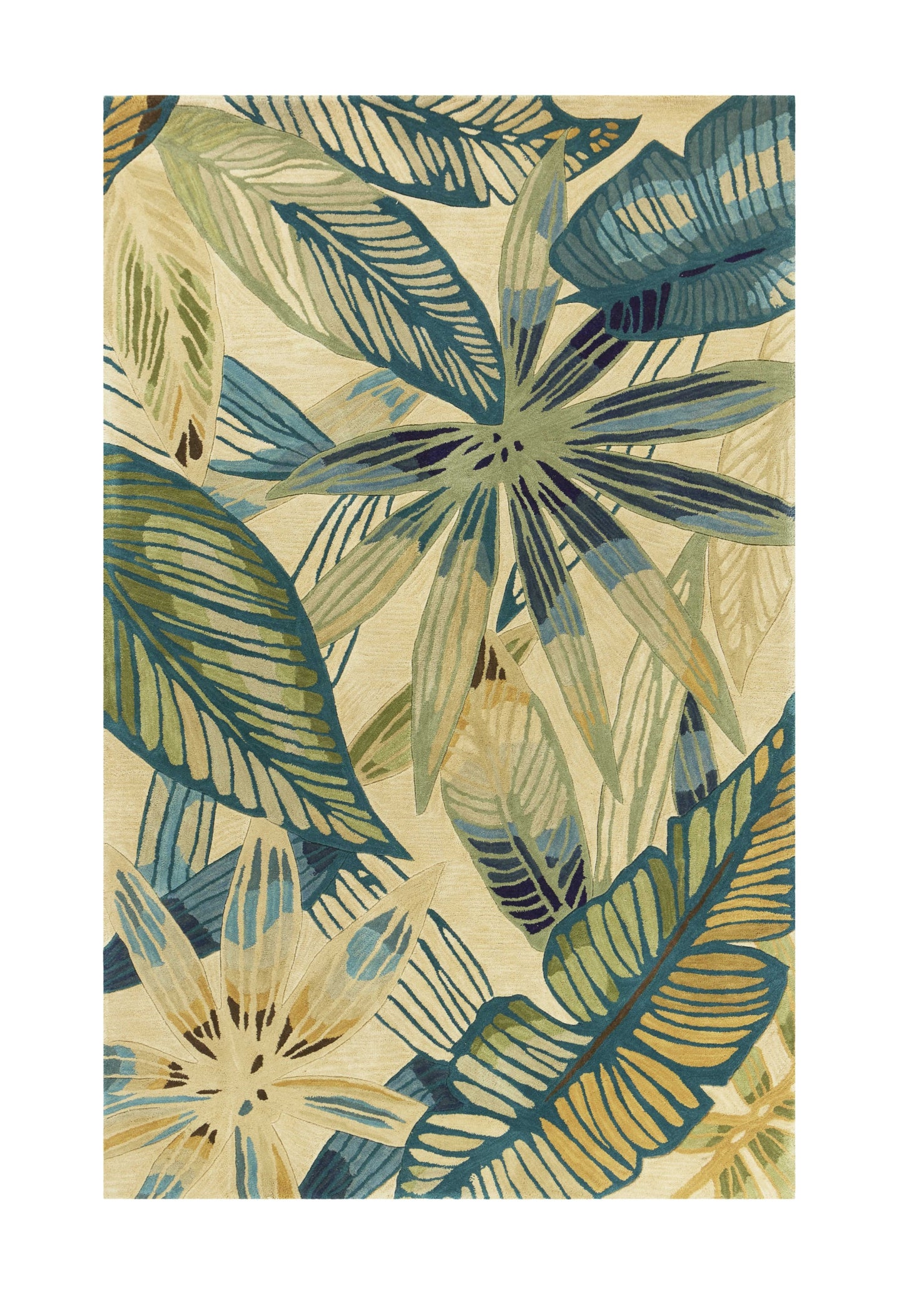 8' X 10' Ivory Teal Hand Tufted Tropical Leaves Indoor Area Rug