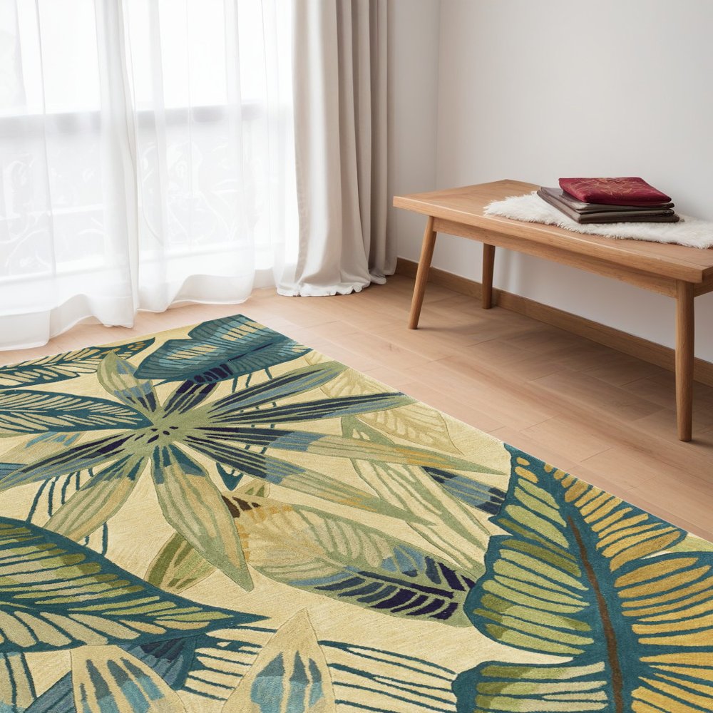 8' X 10' Ivory Teal And Green Wool Tropical Botanical Hand Tufted Area Rug