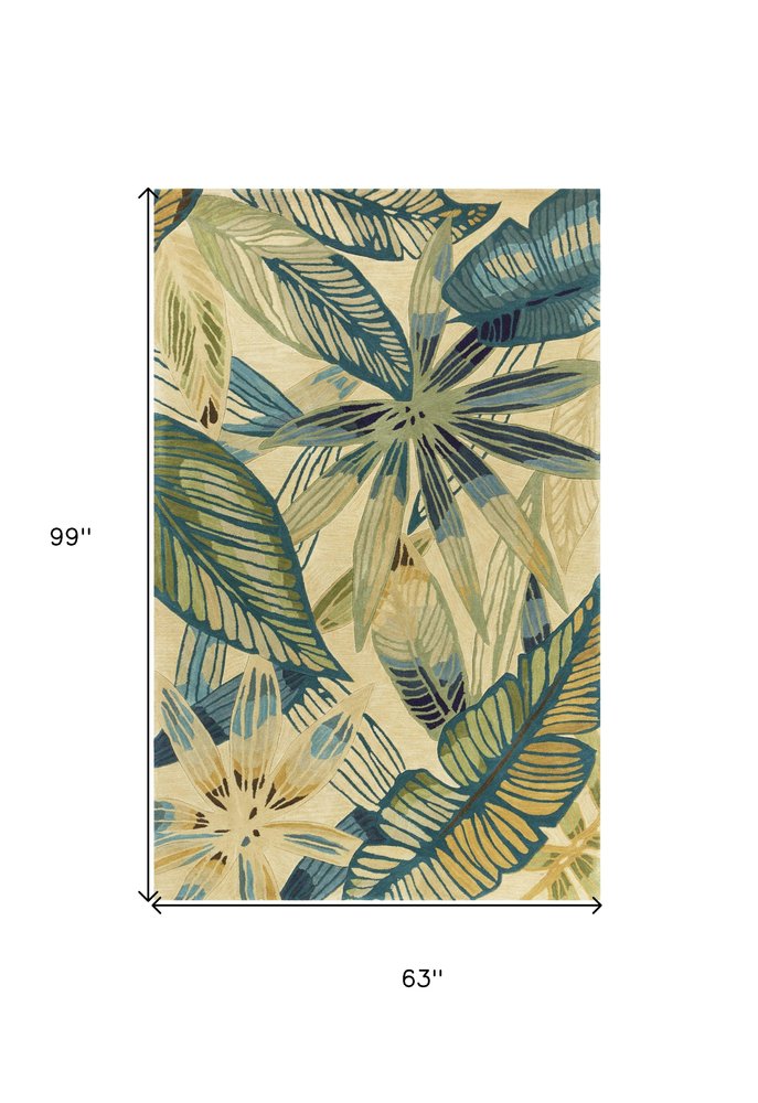 8' X 10' Ivory Teal And Green Wool Tropical Botanical Hand Tufted Area Rug
