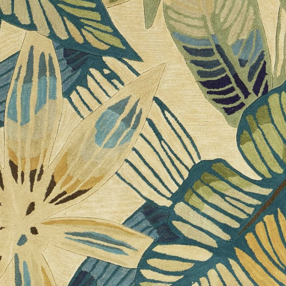 8' X 10' Ivory Teal And Green Wool Tropical Botanical Hand Tufted Area Rug
