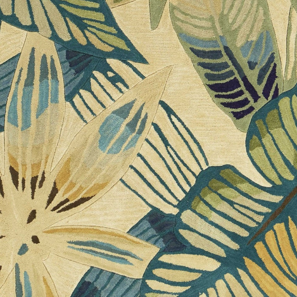 8' X 10' Ivory Teal And Green Wool Tropical Botanical Hand Tufted Area Rug