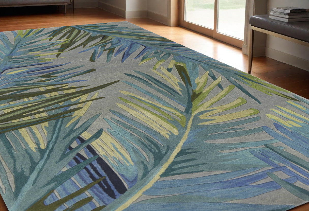 4' X 6' Grey Blue Hand Tufted Tropical Palms Indoor Area Rug