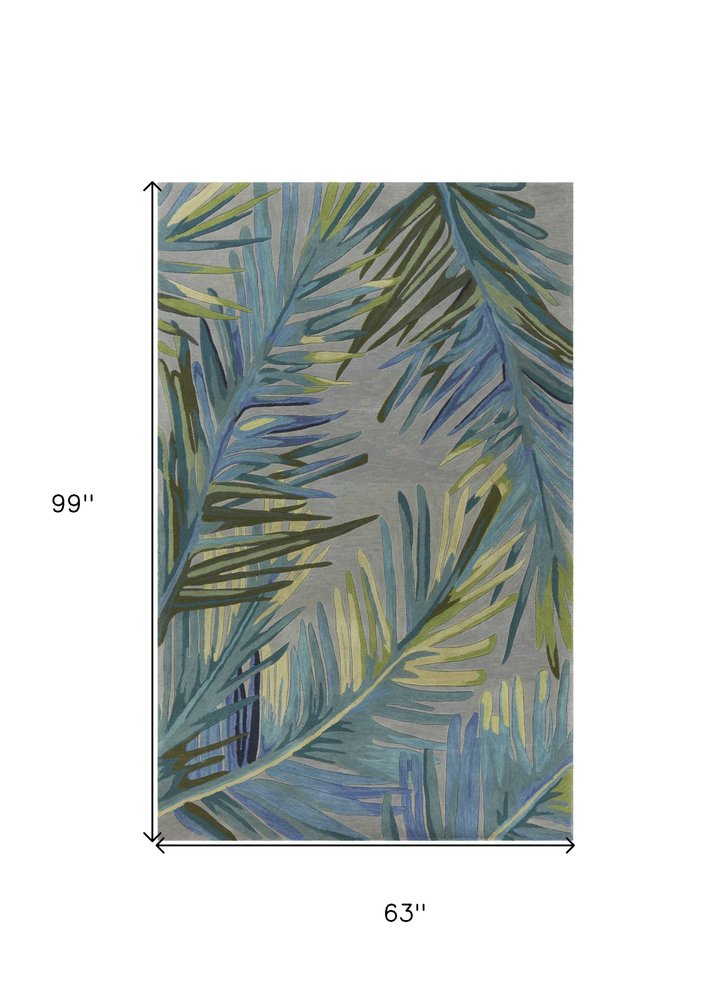 10' Gray And Blue Wool Tropical Botanical Hand Tufted Runner Rug