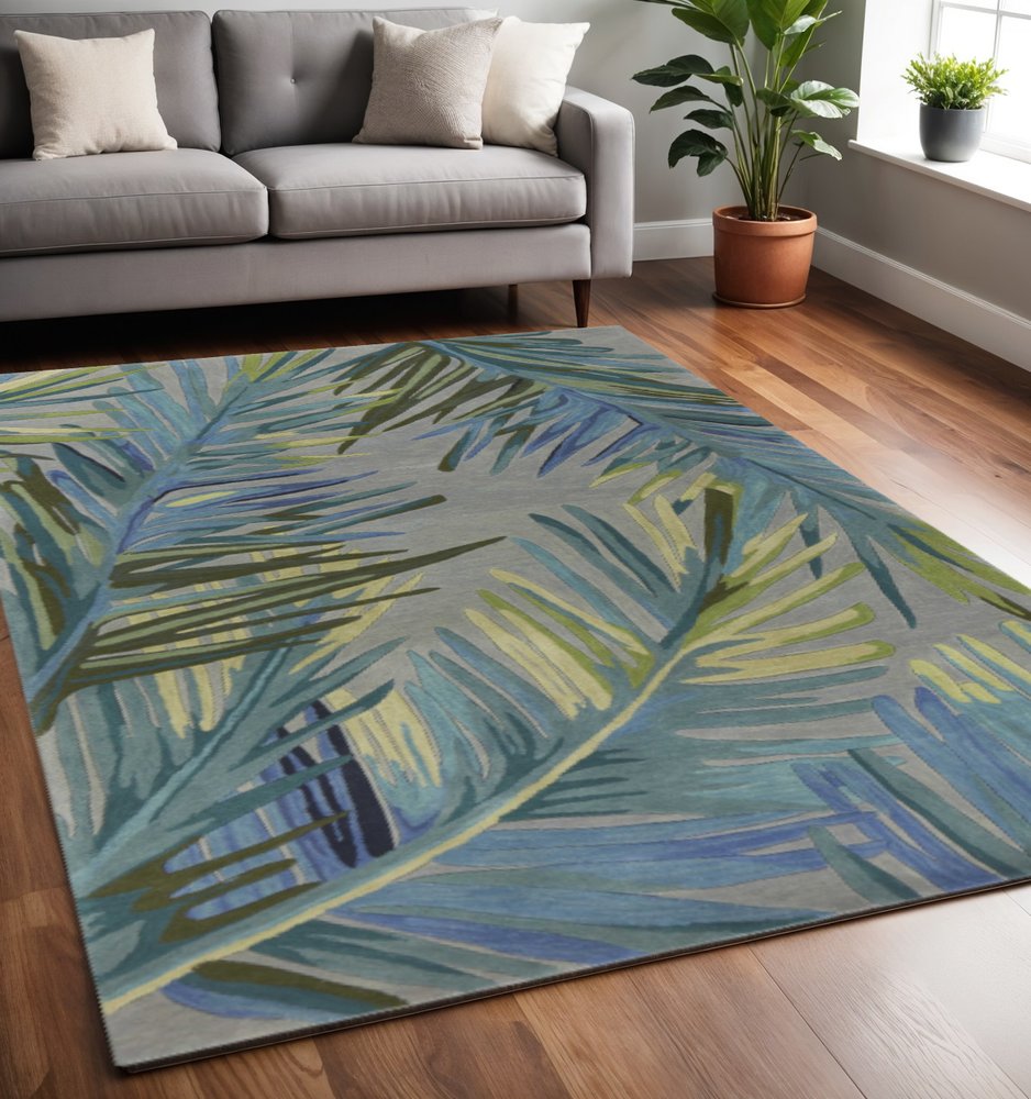 10' Gray And Blue Wool Tropical Botanical Hand Tufted Runner Rug