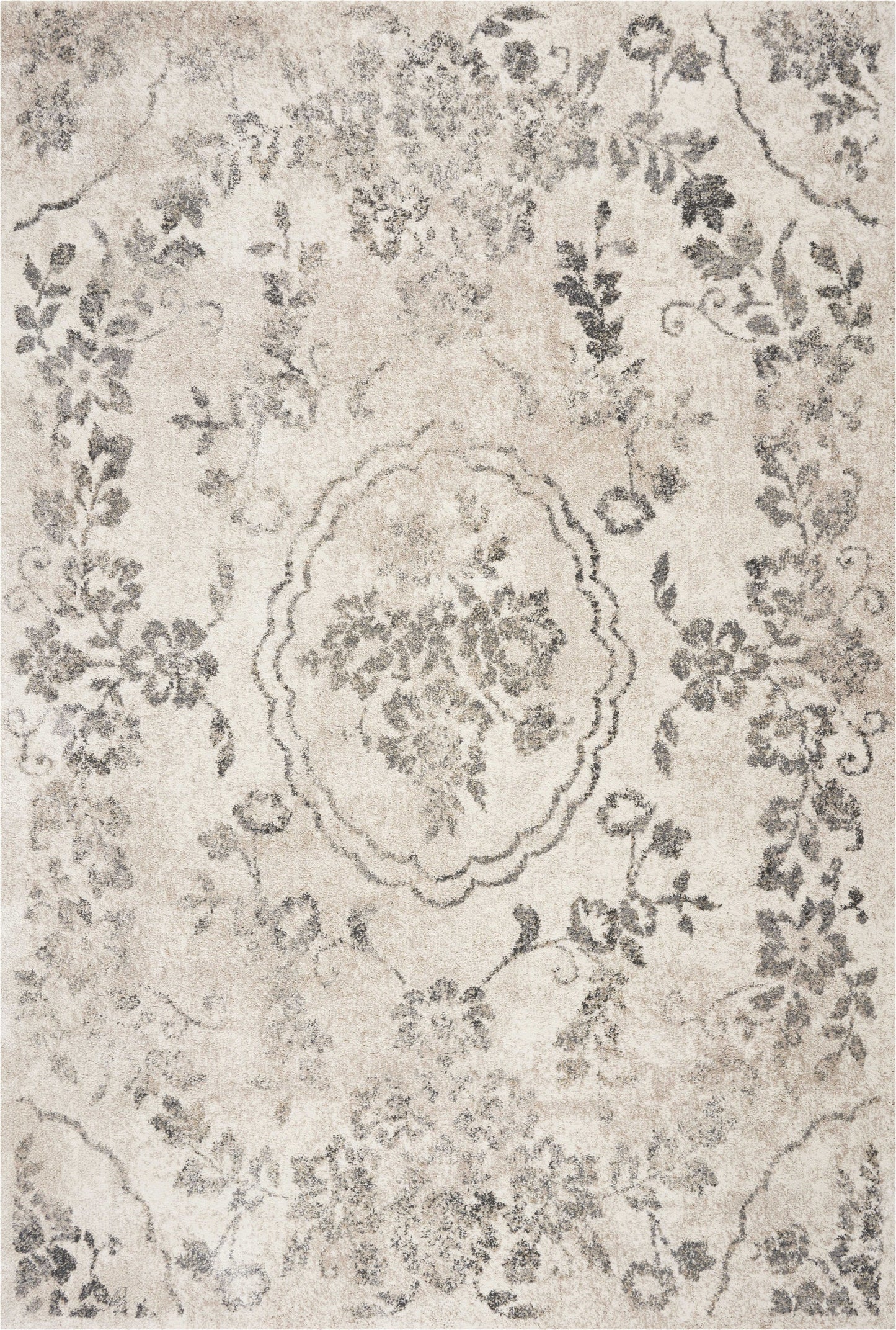 8' X 10' Grey Machine Woven Distressed Floral Traditional Indoor Area Rug