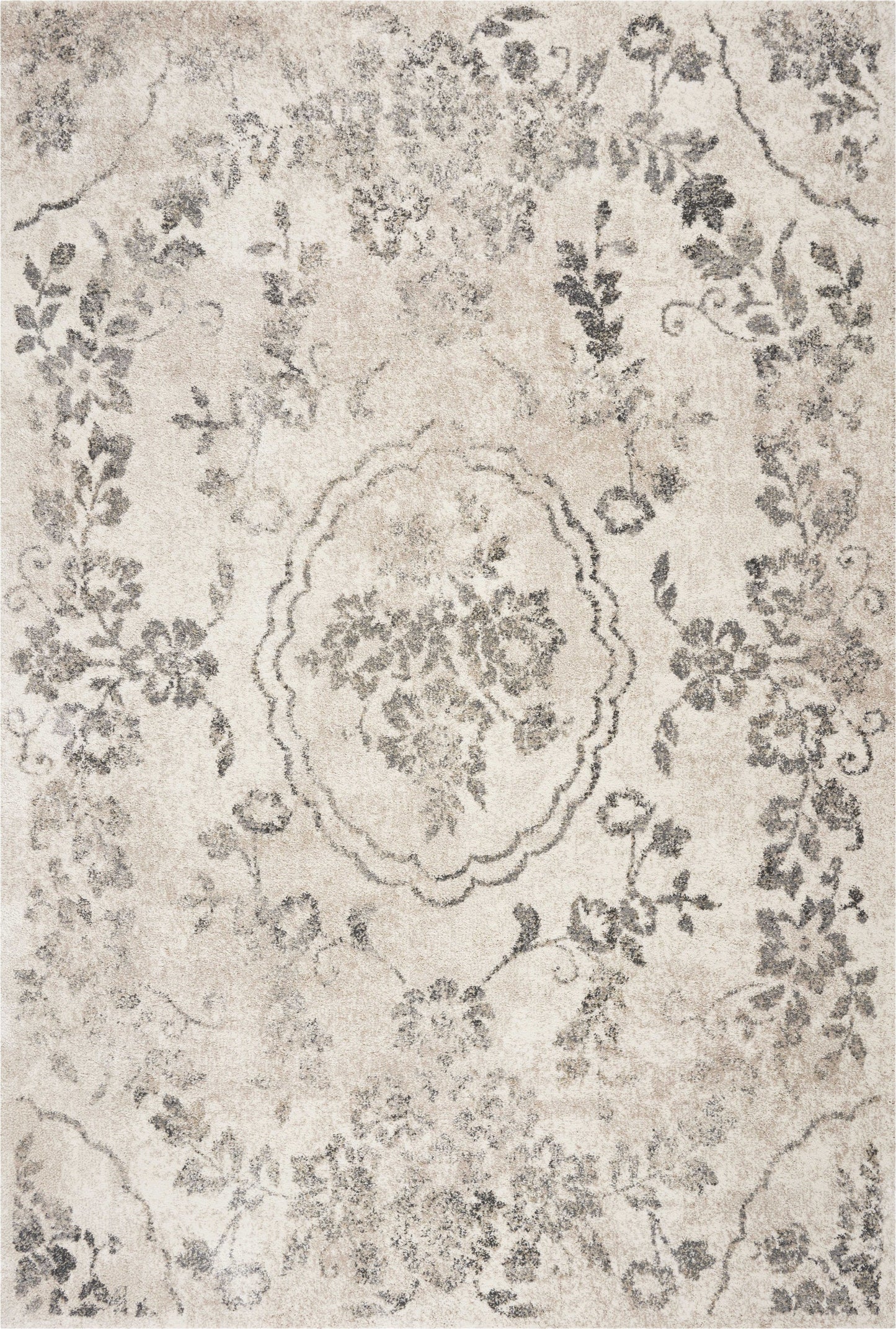 9' X 13' Grey Machine Woven Distressed Floral Traditional Indoor Area Rug