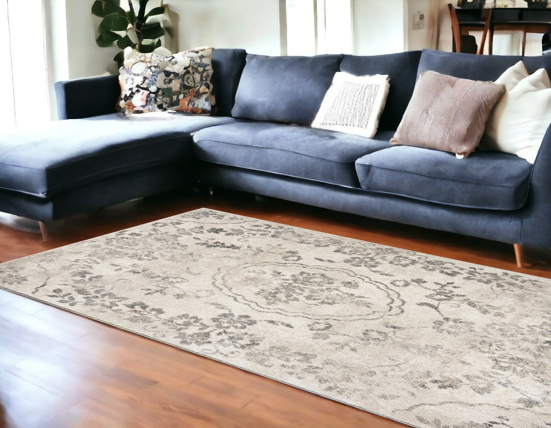9' X 13' Grey Machine Woven Distressed Floral Traditional Indoor Area Rug