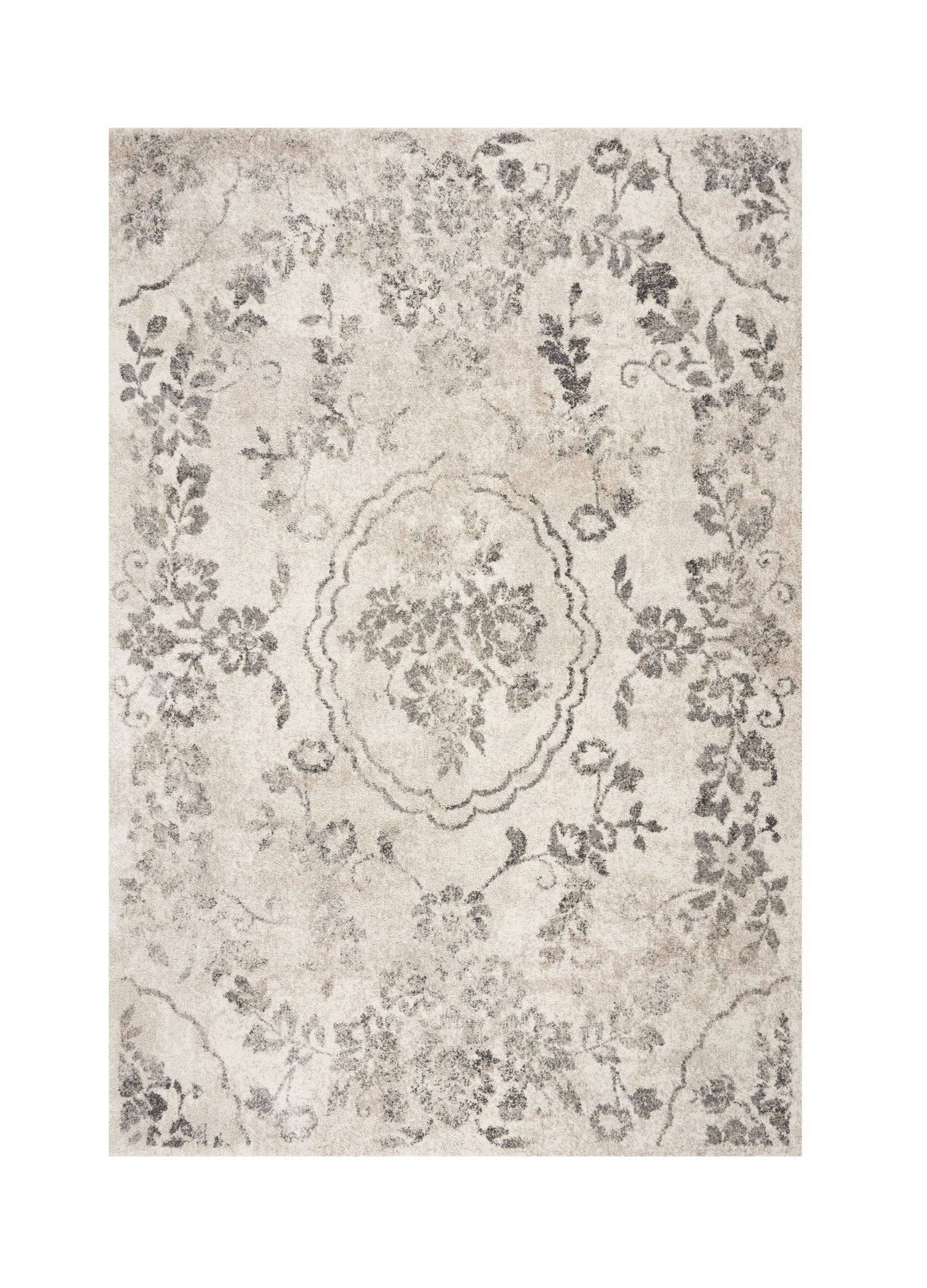 9' X 13' Grey Machine Woven Distressed Floral Traditional Indoor Area Rug
