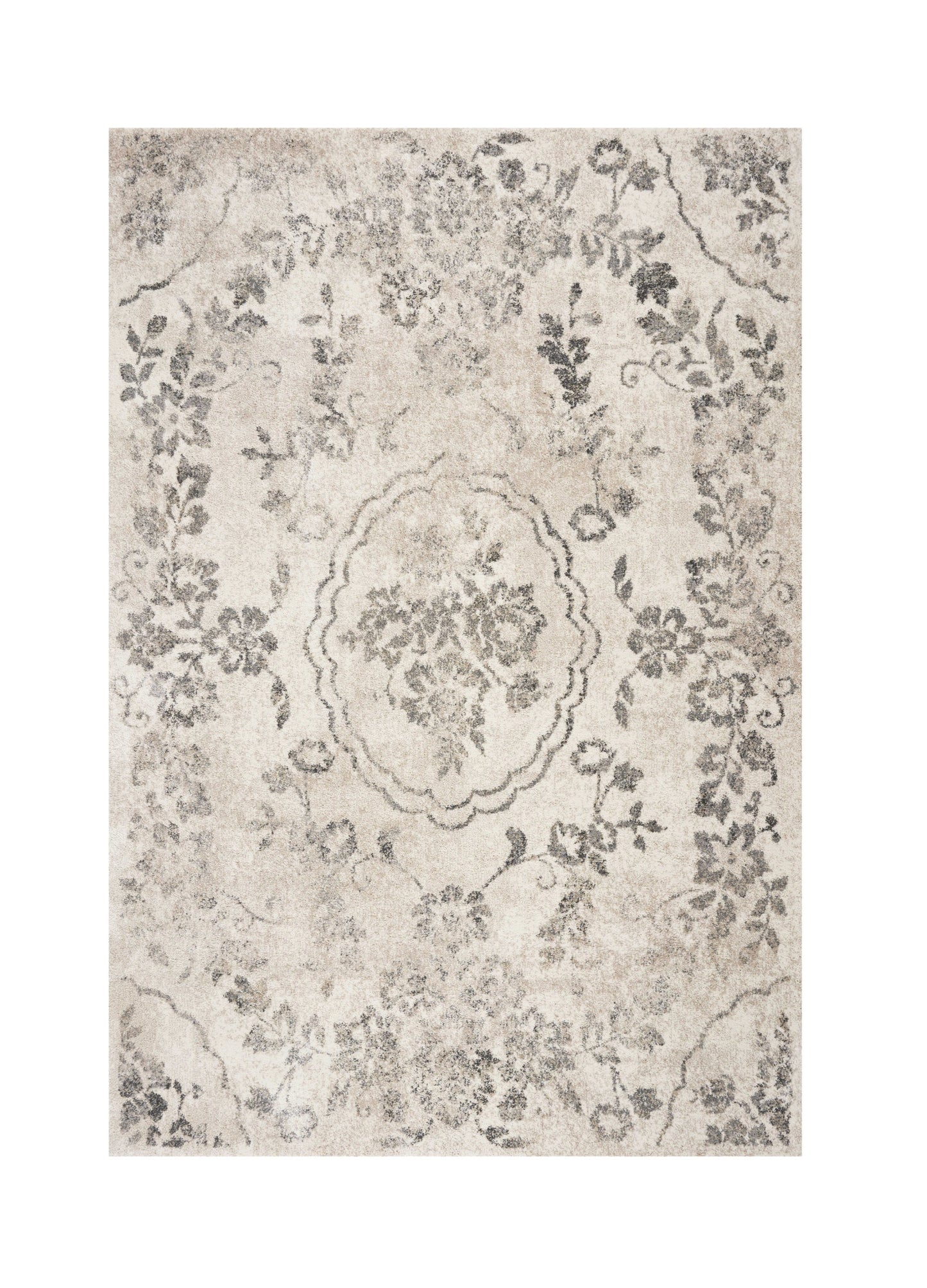 8' X 10' Grey Machine Woven Distressed Floral Traditional Indoor Area Rug