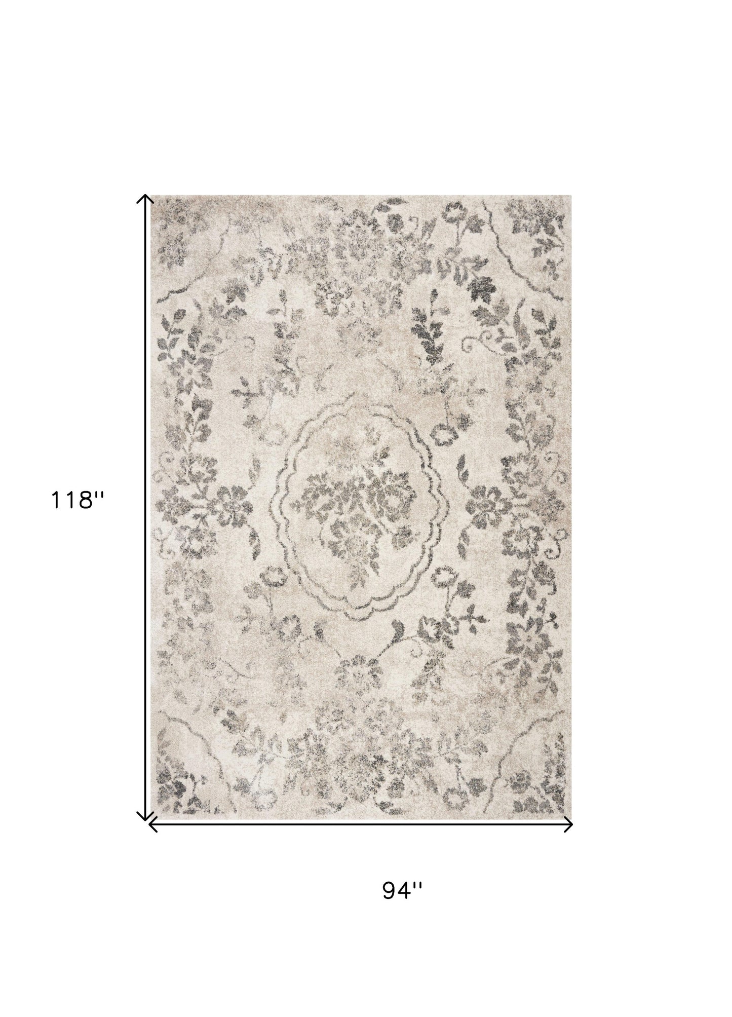 8' X 10' Grey Machine Woven Distressed Floral Traditional Indoor Area Rug