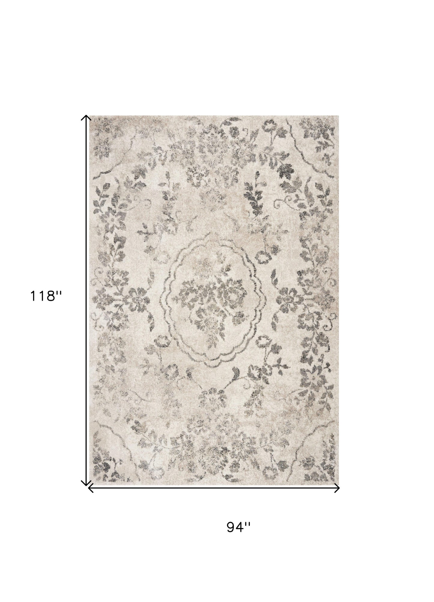 9' X 13' Grey Machine Woven Distressed Floral Traditional Indoor Area Rug