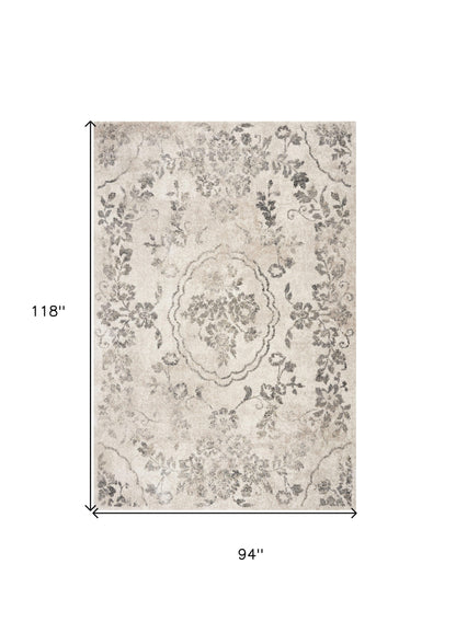 9' X 13' Grey Machine Woven Distressed Floral Traditional Indoor Area Rug