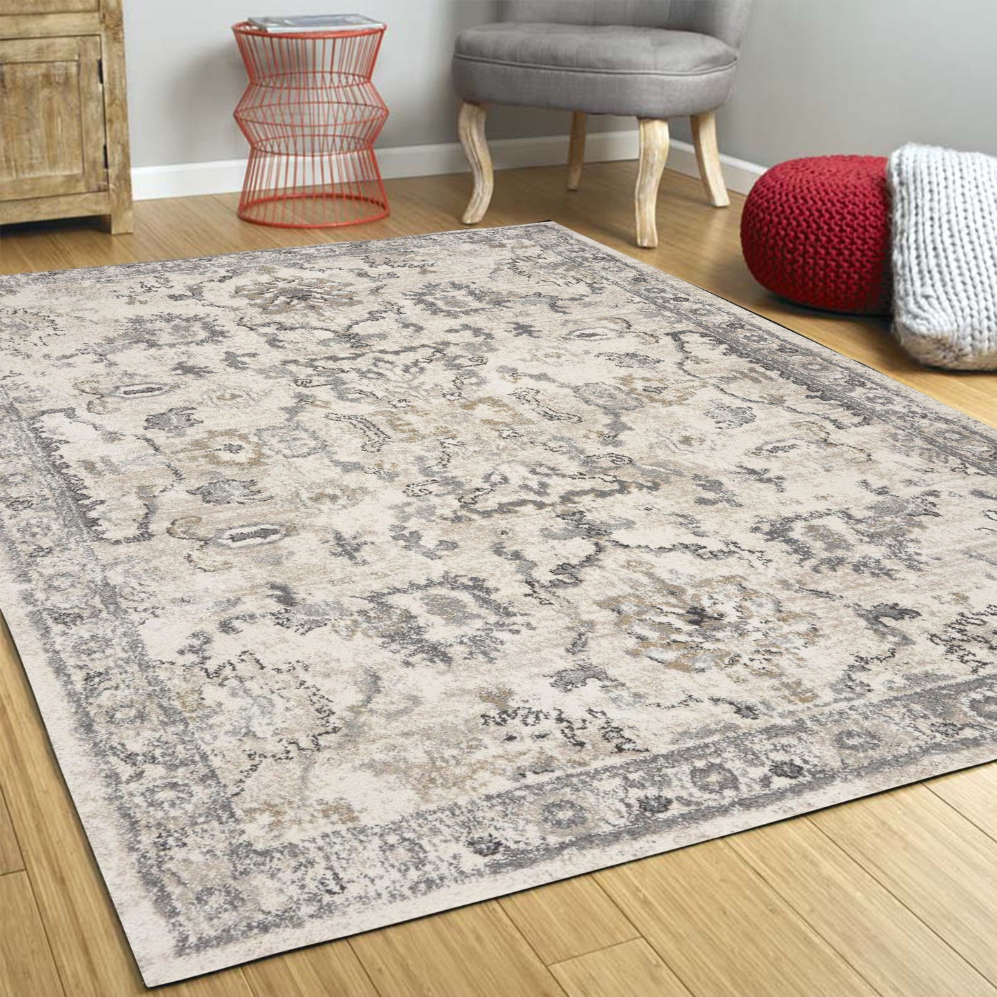 8' X 10' Ivory Machine Woven Distressed Floral Traditional Indoor Area Rug