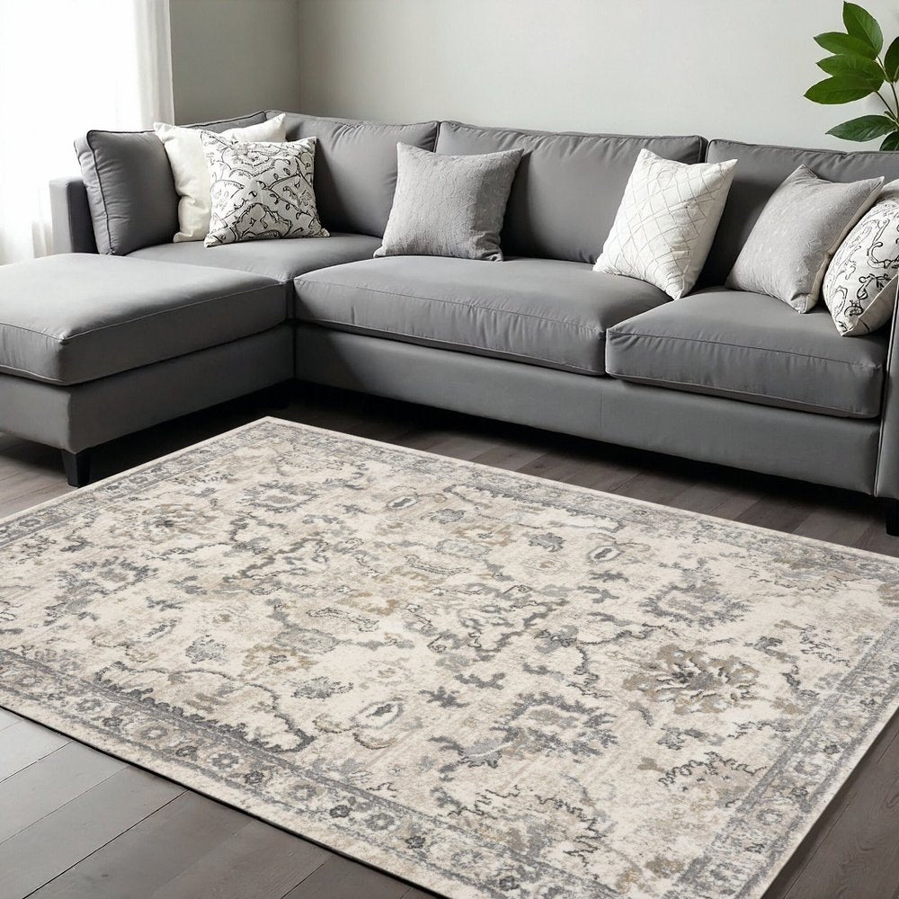 3' X 5' Ivory And Gray Floral Medallion Distressed Area Rug