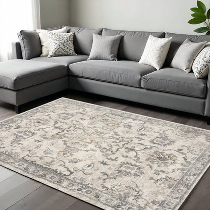 3' X 5' Ivory And Gray Floral Medallion Distressed Area Rug