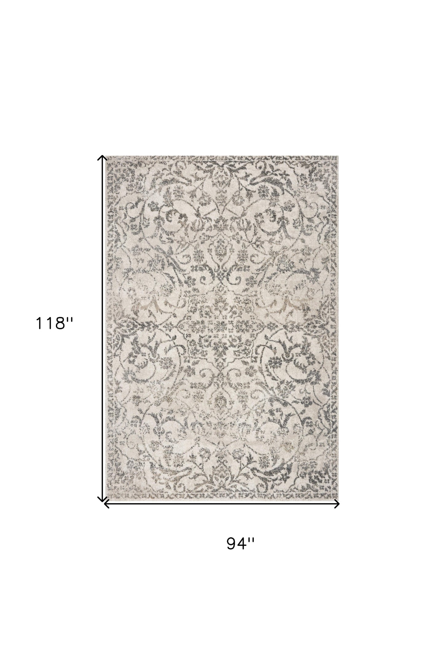 8' X 10' Ivory and Gray Floral Vines Distressed Area Rug