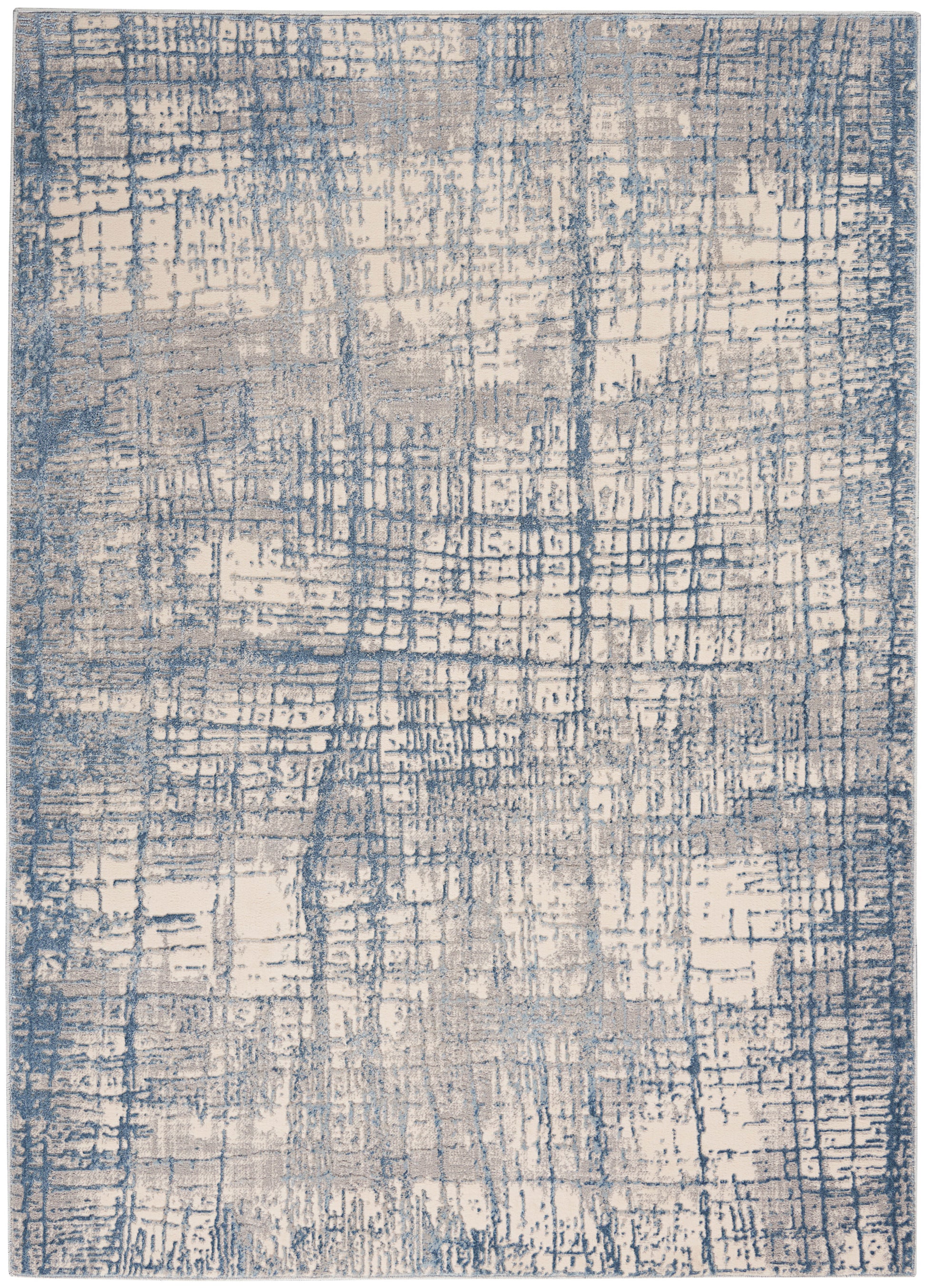 Blue and beige abstract area rug with distressed grid pattern; modern rectangular floor decor.