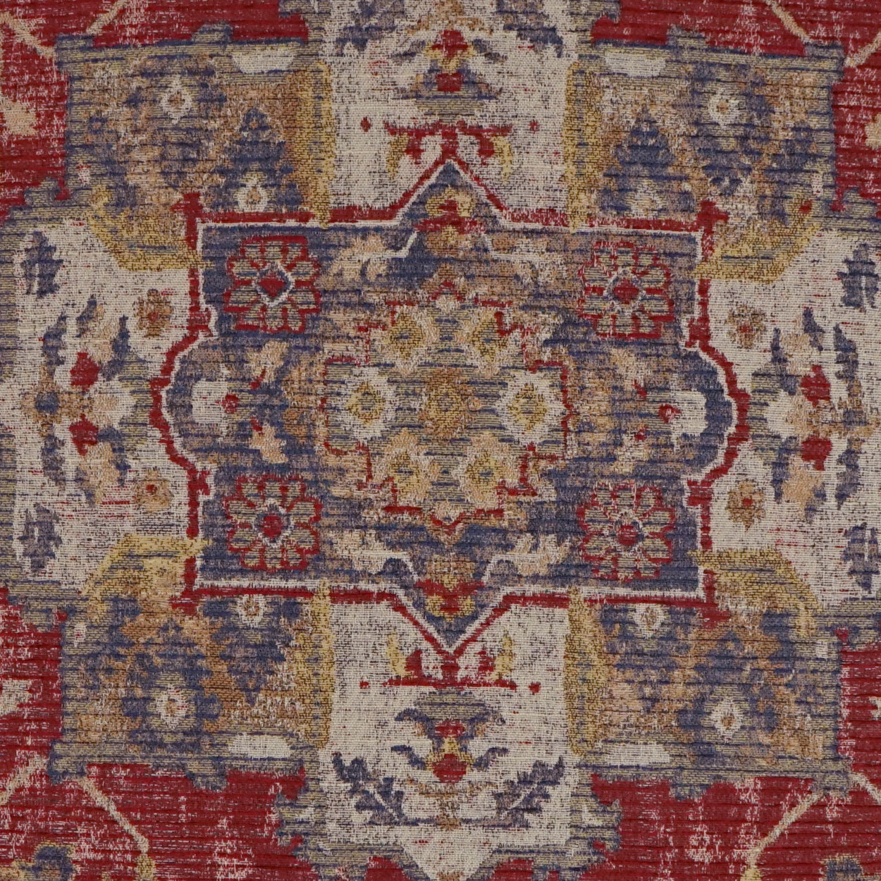 Rectangular oriental pillow with a distressed vintage pattern; cinnabar red, navy, ivory, and gold floral motif for living room decor.