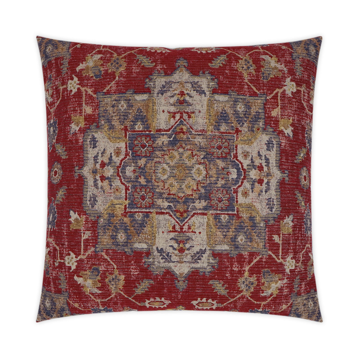 Square decorative cushion with rug-inspired Persian medallion in red, blue, beige and gold.