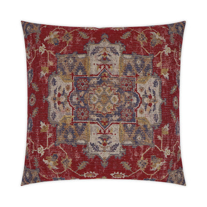 Square decorative cushion with rug-inspired Persian medallion in red, blue, beige and gold.