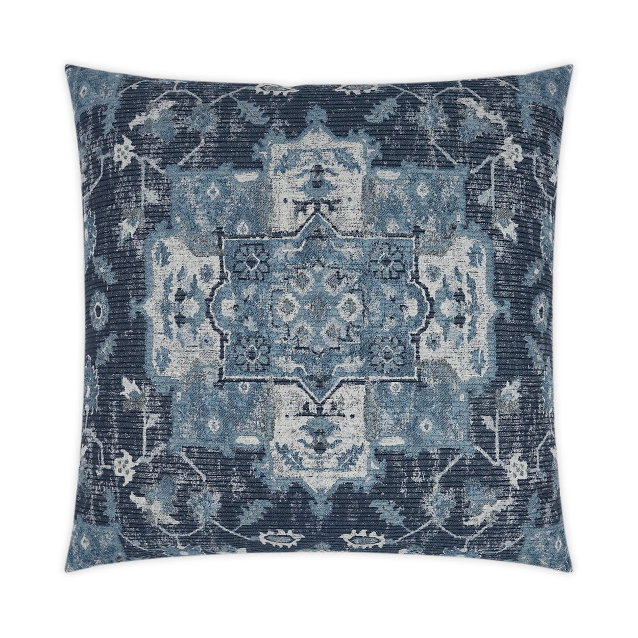 Blue-toned throw pillow with faded medallion rug pattern; navy, teal and ivory hues for sofa or bed decor.