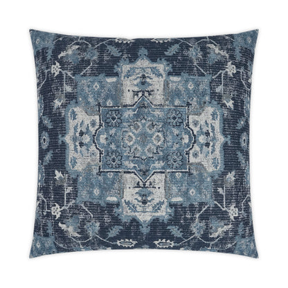 Blue-toned throw pillow with faded medallion rug pattern; navy, teal and ivory hues for sofa or bed decor.