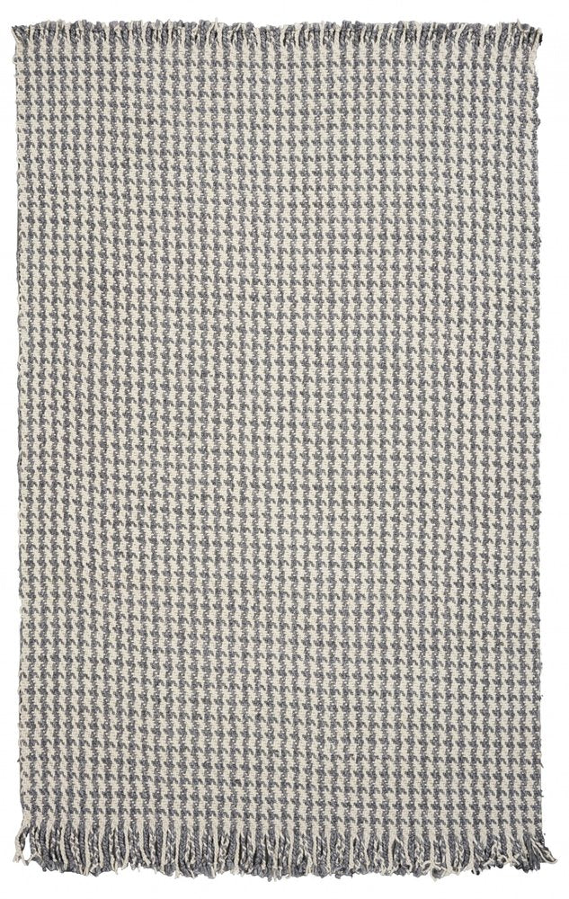 5' X 8' Ivory And Gray Wool Houndstooth Hand Woven Area Rug With Fringe