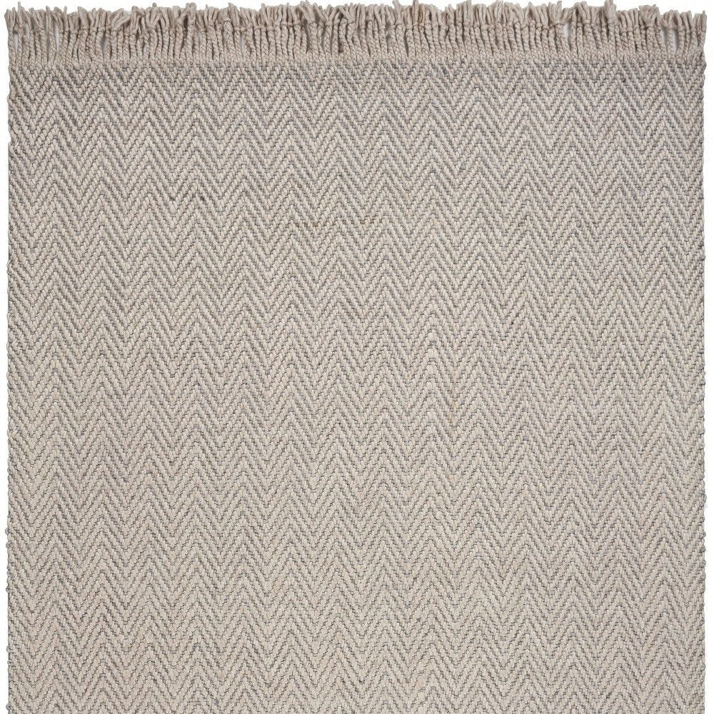 9' X 12' Beige And Gray Wool Chevron Hand Woven Area Rug With Fringe