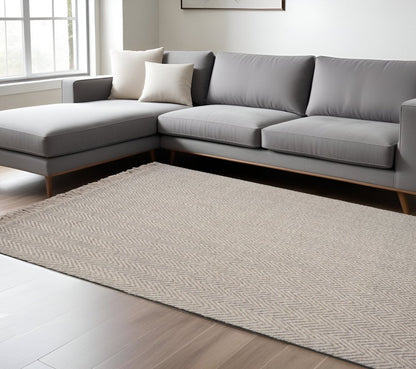 9' X 12' Beige And Gray Wool Chevron Hand Woven Area Rug With Fringe