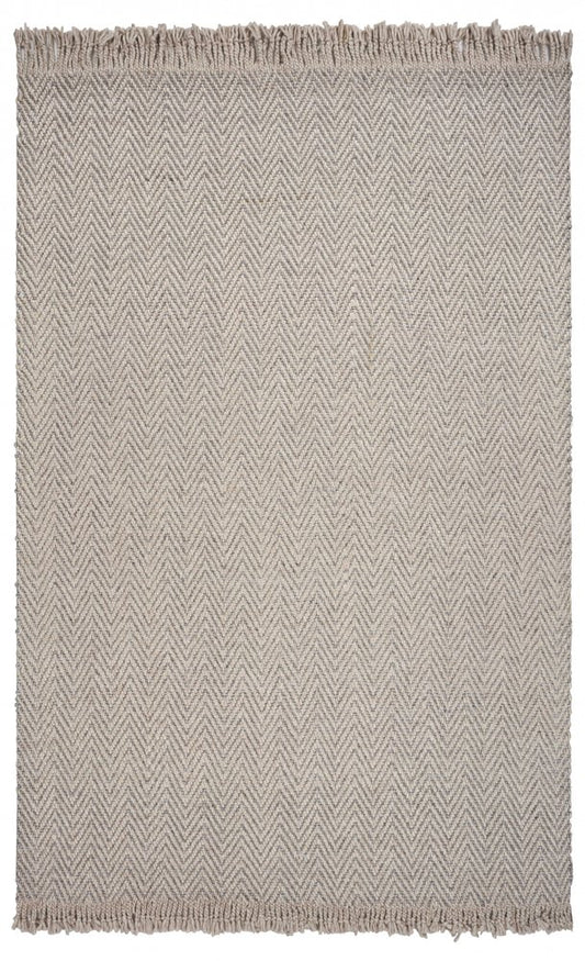 8' X 10' Beige And Gray Wool Chevron Hand Woven Area Rug With Fringe