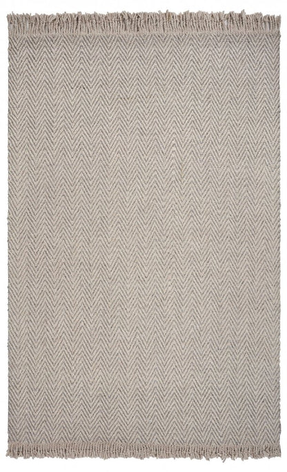 8' X 10' Beige And Gray Wool Chevron Hand Woven Area Rug With Fringe