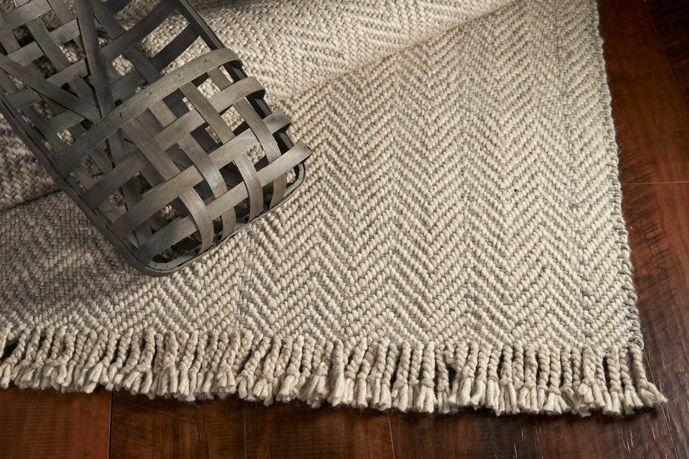 8' X 10' Beige And Gray Wool Chevron Hand Woven Area Rug With Fringe