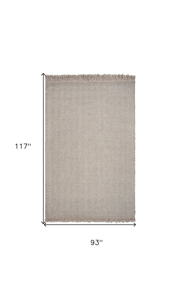 9' X 12' Beige And Gray Wool Chevron Hand Woven Area Rug With Fringe