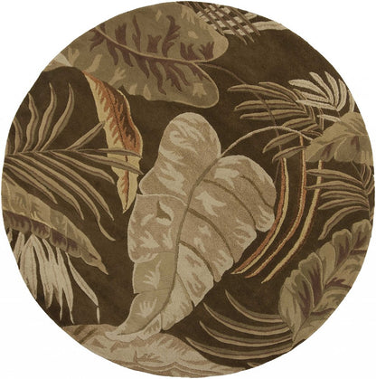 7' Brown And Beige Wool Botanical Leaves Hand Tufted Round Rug
