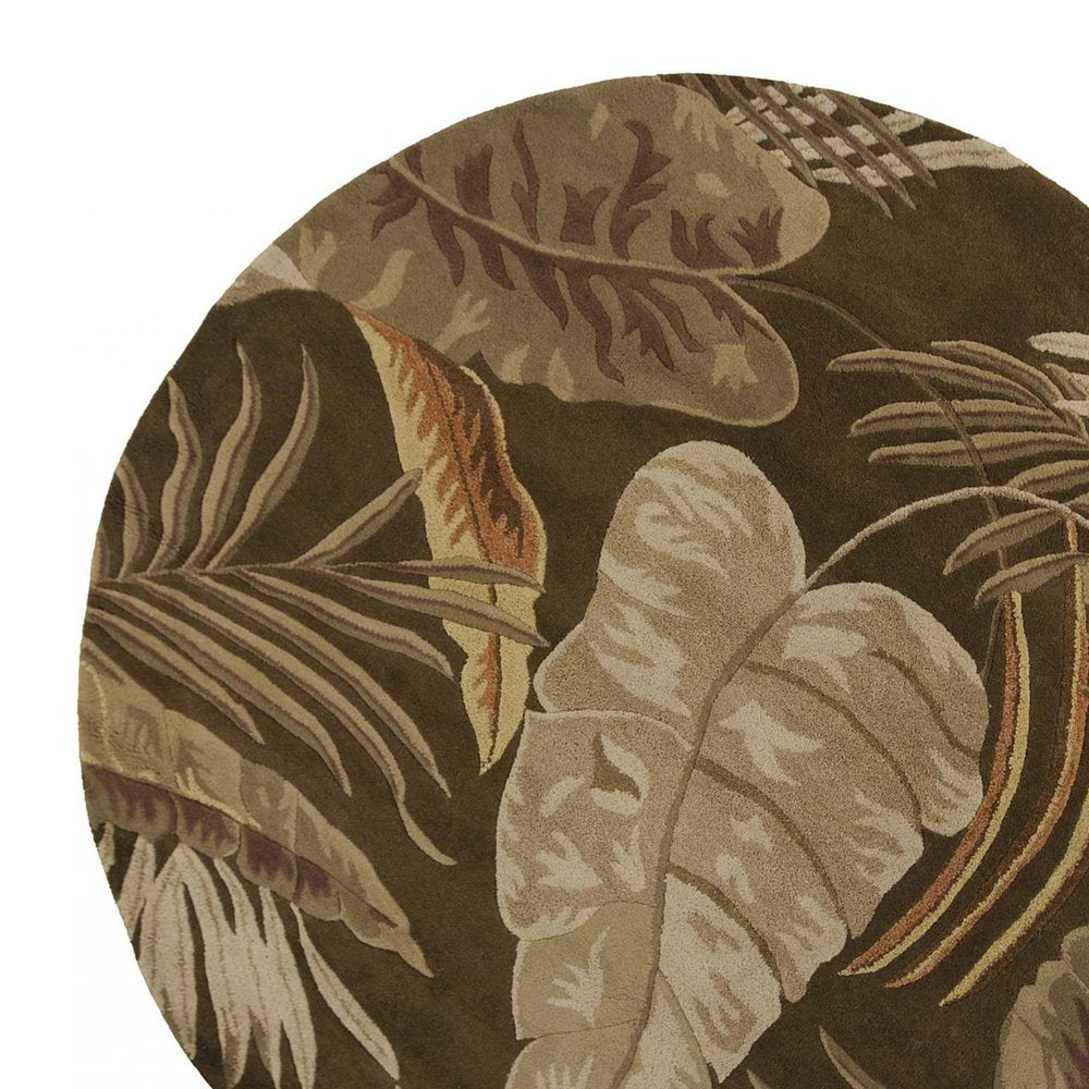 7' Brown And Beige Wool Botanical Leaves Hand Tufted Round Rug