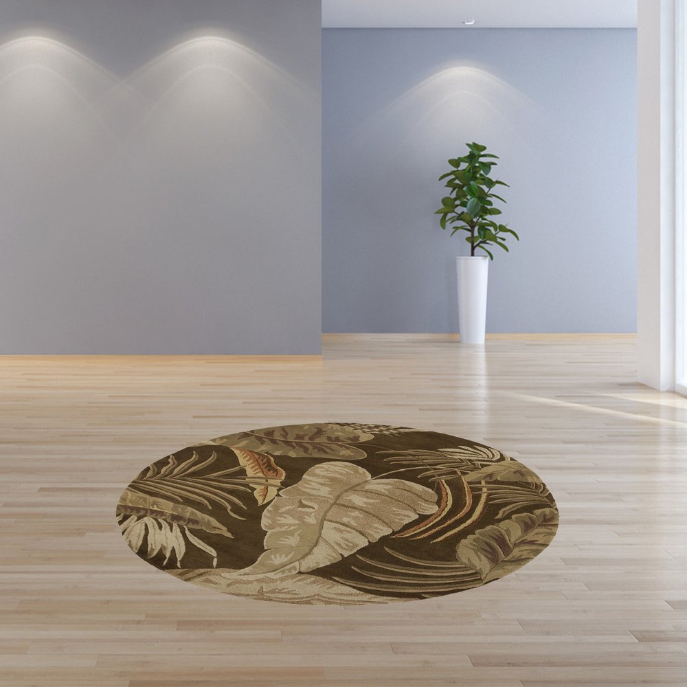 7' Brown And Beige Wool Botanical Leaves Hand Tufted Round Rug