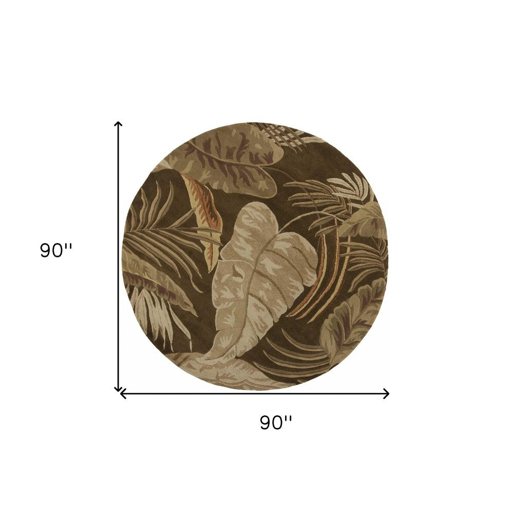 7' Brown And Beige Wool Botanical Leaves Hand Tufted Round Rug
