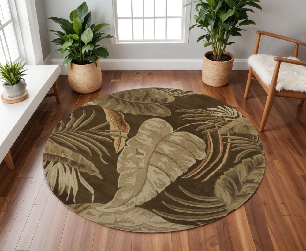 7' Brown And Beige Wool Botanical Leaves Hand Tufted Round Rug