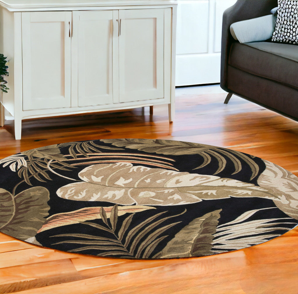 5' X 8' Midnight Black Hand Tufted Tropical Leaves Indoor Area Rug